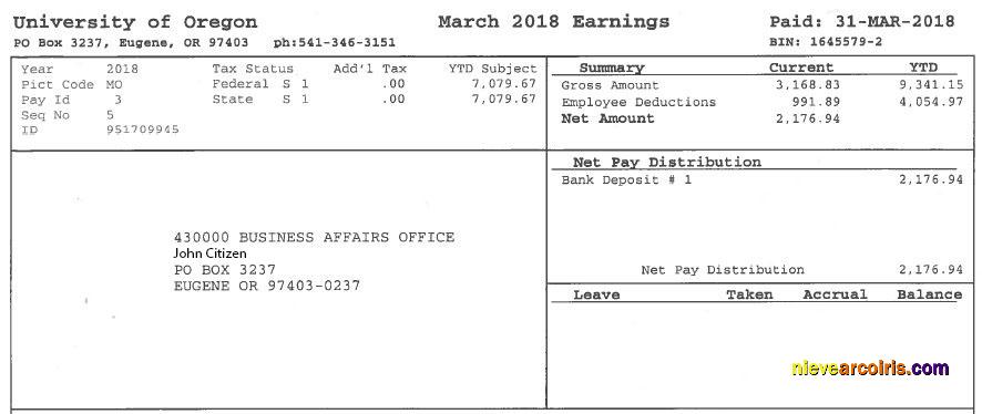USA UNIVERSITY of Oregon payslip